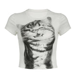 Fongt Wind Personality Cat Pattern Print Foundation Shoulder Short Sleeve T-Shirt Hottie Slimming Short Top