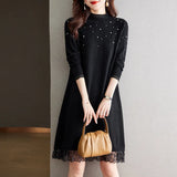 And Winter Lace Stitched Knitted Dress Femininity New Bottom Women's Medium-Length Loose Sweater Skirt-Outfit