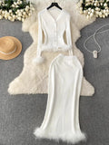 Fongt High-End Small Fragrant Style Two Sets Of Women's Atmosphere Knitted Open Fork Shirt T-Shirt