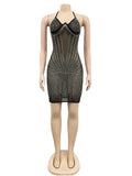 Glam Hlater V Neck Shiny Crystal Dress Elegant See-Through Rhinestone Short Party Dress Birthday Outfits Sexy