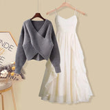 Women Spring Two Pieces Sets Korean Long Sleeve deep v neck Knitted Sweater And Ruffles Patchwork Mesh Long Dress