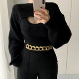 New 2021 Autumn Winter Women Sweaters Pullover Two Pieces Knitted Fashionable Vintage Elegant Cutout Lady Tops