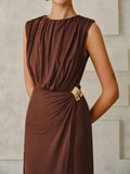 Fongt New Women's Folded Wrinkles Sleeveless Long Dress Stylish Metal Decorative Solid Color Dress