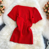 Fongt Spice Sister Wind Short T Shirt Short Sleeve Design Sense Small Square Collar Machine Dew Collarbone Crop Sweater Jacket Female-Outfit