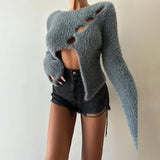 Sweater Women's Autumn New Style Millennial Hot Girl Pure Desire Short Irregular Hollow Knitted Sweater Loophole Top-Outfit