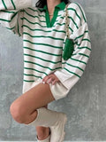 Women Sweater Pullover Knit Striped Polo Collar Autumn Casual Loose Long Sleeves Pullovers Warm Sweaters 2022 Fashion Lady