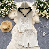Fongt Fashion Set Women's Summer Design Three-Dimensional Relief Hooded Sleeveless Knitted Tops High Waist Broad Leg Shorts