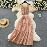 Fongt Fairy Vacation Wearing Women's Summer Dress Pure Desire Elastic Sling Sling Vest Hollow Embroidered High-Rise Half-Schamin Dress Suit