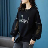 Lace Patchwork Pullovers Female Clothing Casual Round Neck Loose Spring Autumn Printed Korean Long Sleeve Sweatshirts-Outfit
