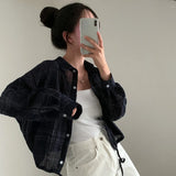 Vintage Plaid Print Crop Long Sleeve Blouse-Outfit