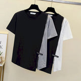Womens T Shirts Contrasting Color Irregular Short Sleeve T-shirt 2022 Summer Trendy Tops Design Sense Zipper Slit Slim