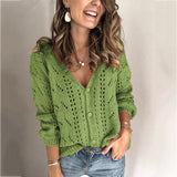 Fongt New Sweater Cardigan Women's Solid Color Hollowed-Out V-Neck Sweater