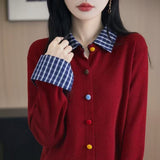 Fongt And Winter Knitted Open Shirt Two Lattice Collar Shirt Early Spring New Color Fashion Splicing Coat Sweater