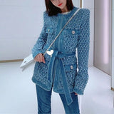 Vintage Blue Denim Jacket With Belt Waisted Ripped Hole Women Coat 2022 Spring Long Sleeve Pockets Streetwear
