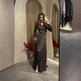 Fongt New Women's V-Neck Print Long Sleeve Open Fork Thin Waist Dress