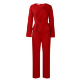 Fongt Set Autumn And Winter New Fashion OL Lotus Leaf Side V Collar Blouse Trousers Two-Set