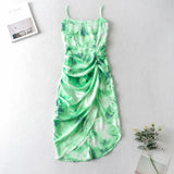 Vintage Yellow Tie dye Flower print Spaghetti Strap Dress Hem Slim Waist Slit Irregular Long Dresses Sling