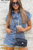 V Neck Button Up Casual Denim Rompers Overalls Women Blue Rompers Playsuits Short Sleeve Spring Summer Outfit