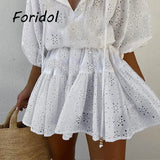 Hollow Out White Lace Dress Women Beach Party Boho Style A-line Mini Dress Vestido Short Elegante New Harajuku
