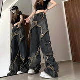 Stylish Patch Designs Jeans Spring Autumn Loose Wide Leg Women's Clothing High Street Hip Hop Pockets Zipper Trousers-Outfit