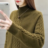 Mock Neck Ribbed Knitted Tops Women Casual Thick Warm Twist Sweaters Korean Basic All Match Bottoming Knitwear