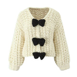 Fongt Bow Sweater Cardigan Jacket Languid Short Heavyweight Knitted Jersey Woman