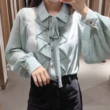 Cascading Ruffle Chiffon Shirt Casual Femme Pressed Pleat Lantern Sleeve Blouse Lady Loose Tops Blusas