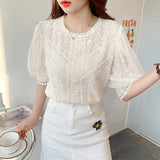 Size Blusas Mujer Elegant Patchwork Crochet Women Shirt Ladies Lace Blouse Lantern Sleeve O-neck Collar Women Tops