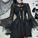 Vertical Collar Lace Splicing Strap Burnt Cuff Blouse Dark Wind Short Style Perspective Blouse Girl-Outfit