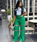 Fongt Women's High-Waisted Jeans Women's Dress 2025 New Splicing Casual Stud Chain Trousers