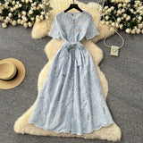 Fongt Dress French Retro Heavy Industry Hollow Embroidery Round Neck-Waist Short-Sleeved Dress Female Thin Single Row Buckle Long Skirt