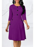 Women Spring Autumn Solid A-Line Dress Single-Breasted Design Pockets Decor O-Neck Three Quarter Sleeve High Waist Slim