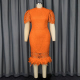Fongt Elegant Style Lace Feathers High-Waist Skirt Plus-Size Party Banquet Dress Dress Elegant Dress