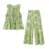 Fongt Trend-Print Collar Sleeveless Collar With Waistcoat Lady Casual Street Trousers Set