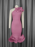 Fongt Half-High Collar Lotus Leaf-Side Dress Sided Shoulder Lotus Hem Banquet Evening Dress Dresses