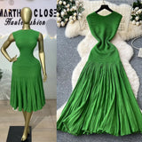 Fongt Luxury Famous Lady Senior Sense Sleeveless Knitted Dress Female Folds Splicing Body Of The Royal Sister Temperament Dress