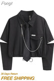 Punk Style Women Shirt Gothic Harajuku Dark Tie And Chain Long Sleeve Split Goth Design Streetwear Blouse Girl Crop