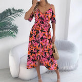 And Summer Out-To-Shoulder Cross V-Neck Flower Sling Dress Holiday Dress Women's