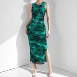Fongt Spring Summer New Women's Temperament Elegant Sleeveless Open Forked Waist Sexy Printed Fashion Dress
