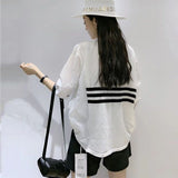 Striped Patchwork Midi Blouse Three Quarter Spring Summer Women's Clothing V-Neck Casual Single-breasted Loose Shirt-Outfit