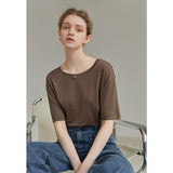 Round Neck Short Regular Sleeve T-shirt Loose Straight Midweight Office Lady Solid Yellow Drape Short