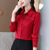 Fongt Spring 2023 New Shirt High-End Satin Stitching Lace Long-Sleeved Shirt-Outfit