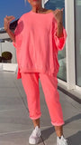 Fongt New Casual Solid Color Collar Long-Sleeved Top Sports Trouser Suit Women