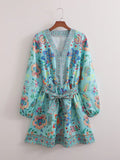 Fongt Women's Long-Sleeved V-Neck Positioning Floral Dress 6839