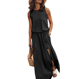 Fongt Summer New Women's Rounded Sleeveless Dress Open Multi-Colored Long