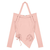 Girl One-line Shoulder Neck Long Sleeve T-shirt Tight Irregular Drawstring Slimming Top Base Shirt-Outfit