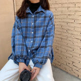 Blouses Turn-down Collar Spring Shirts Plaid All-match BF Batwing-sleeve Loose Outwear Harajuku Female 4 Colors Chic