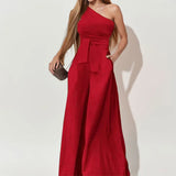 Fongt Women's Dress 2025 New Solid Color Collared Shoulder Tie With High-Waisted Broad-Legged Jumpsuit Woman