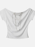 Fongt New Slanted Shoulder Pure Hottie Gray T-Shirt Girl Loose Heavy Metal Decorative Top