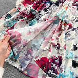 Fongt And Autumn French Court Style Temperament Thin French Chiffon Mesh Dress Female Big A-Word Print Long Dress
